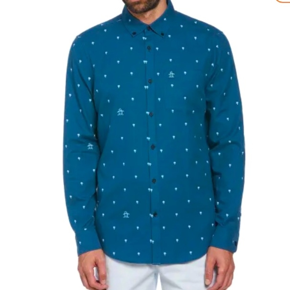 💥HP💥PENGUIN (M) Ecovero™ Blend Palm Print Long Sleeve Button-Down Shirt.